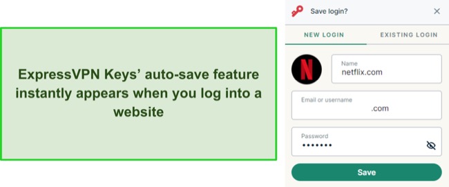 Screenshot of ExpressVPN Keys' auto-save dialog after logging into an account