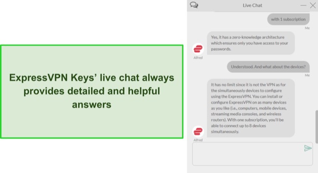 Screenshot of a conversation with ExpressVPN Keys' live chat support