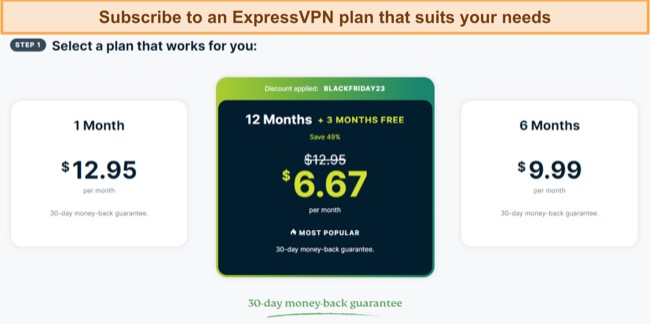 Screenshot of ExpressVPN's price plans
