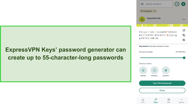 Screenshot of ExpressVPN Keys' password generator making a 55-character-long password