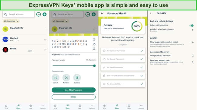 Screenshot of ExpressVPN Keys' mobile app interface