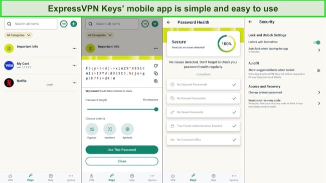 Screenshot of ExpressVPN Keys' mobile app interface