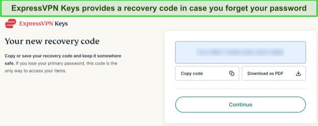 Screenshot of ExpressVPN Keys providing an account recovery code