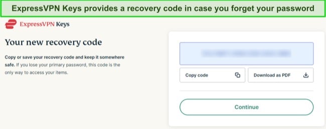 Screenshot of ExpressVPN Keys providing an account recovery code