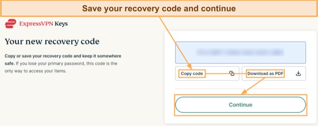 Screenshot showing how to save your ExpressVPN Keys vault recovery code