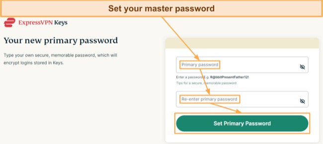 Screenshot showing how to set a master password for your ExpressVPN Keys vault