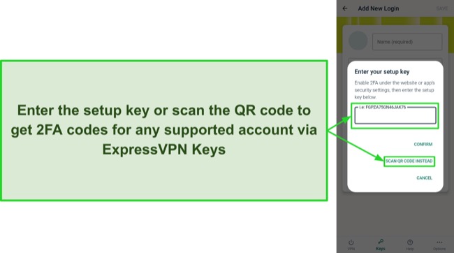 Screenshot showing how you can set up ExpressVPN Keys to provide 2FA codes for supported accounts