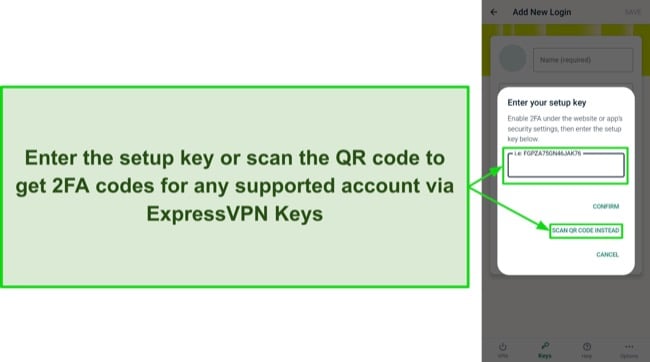 Screenshot showing how you can set up ExpressVPN Keys to provide 2FA codes for supported accounts