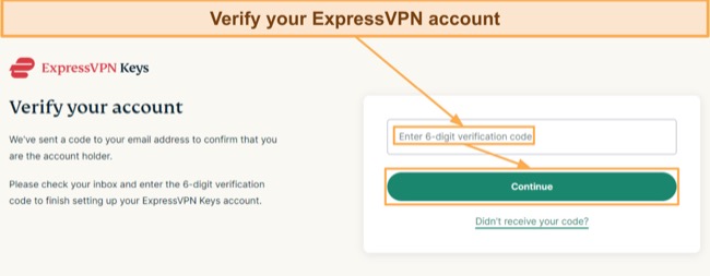 Screenshot showing how to verify your ExpressVPN account to access ExpressVPN Keys