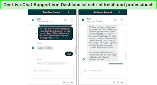 Screenshot eines Gesprächs mit dem Live-Chat-Support von Dashlane