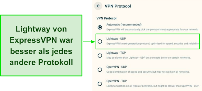 Screenshot der ExpressVPN-Protokollliste in der Fire Stick-App