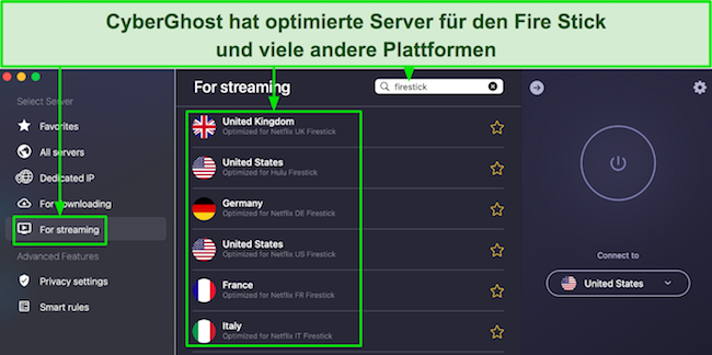 Screenshot der Liste der Streaming-optimierten Server von CyberGhost für Fire Stick