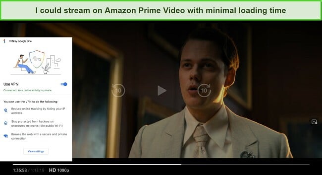 Screenshot of Google One VPN working with Amazon Prime Video