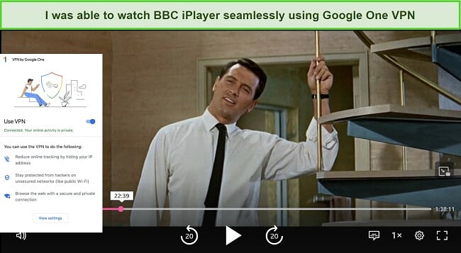 Screenshot of Google One VPN working with BBC iPlayer