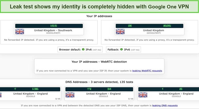 Screenshot of a successful IP/DNS leak test with Google One VPN