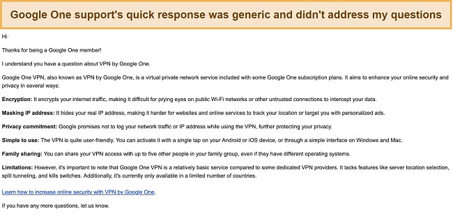 Screenshot of my email conversation with Google One VPN support