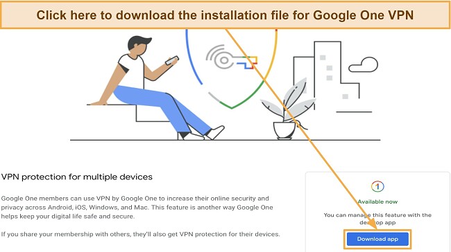 Screenshot of the download page for Google One VPN setup