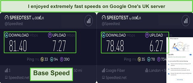 Screenshot of speed test results while connected to Google One VPN