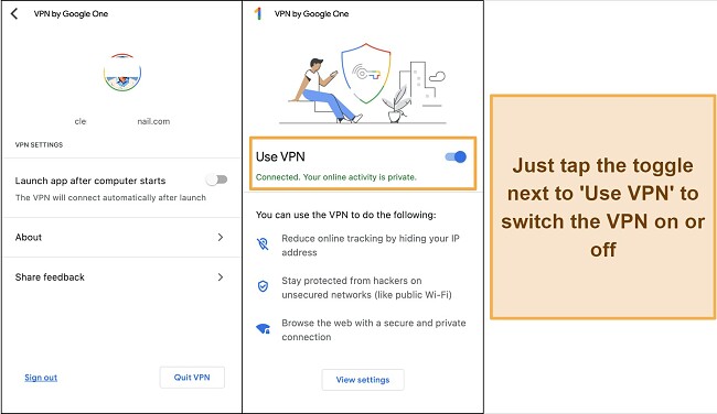 Screenshot showing Google One VPN's user-friendly interface