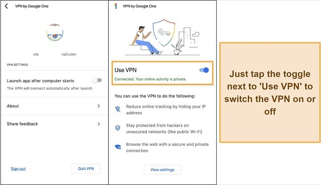 Screenshot showing Google One VPN's user-friendly interface