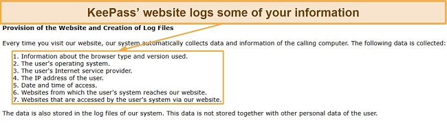 Screenshot showing the data KeePass' website logs