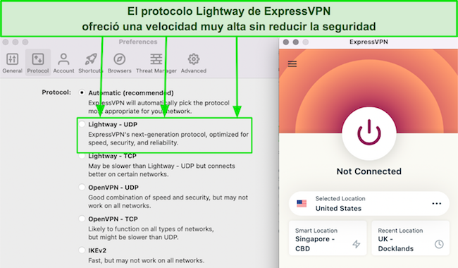 Captura de pantalla del protocolo Lightway de ExpressvPN