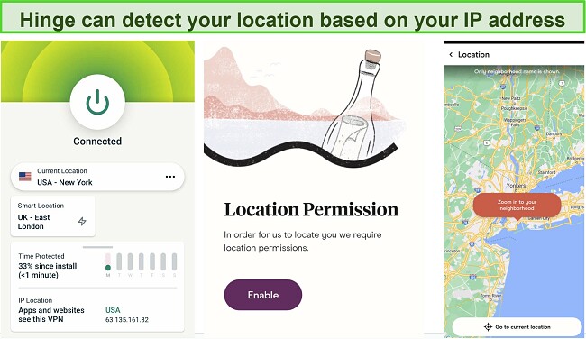 A screenshot showing ExpressVPN's Android app interface, and Hinge's interface with Location Permission enabled