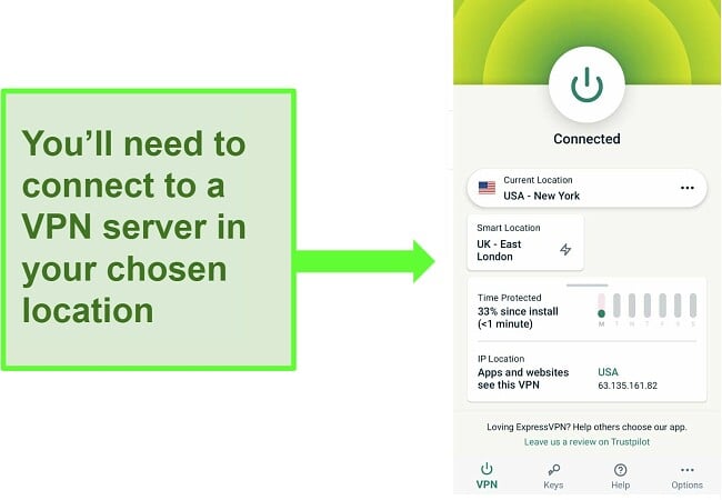 A screenshot showing ExpressVPN's Android app interface, with the user connected to a server in New York
