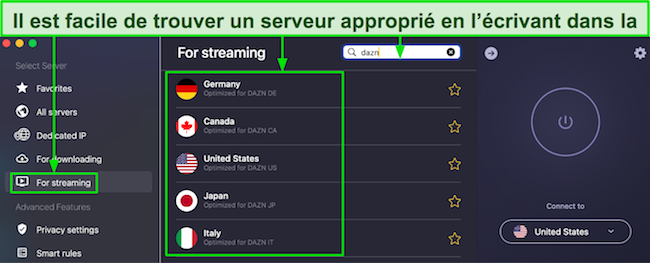 Capture d'écran de la liste des serveurs optimisés pour le streaming de CyberGhost sur son application Mac