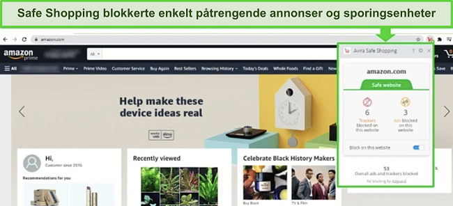 Skjermbilde av Avira Trygg Nettlesing-utvidelsen i aksjon, effektivt blokkerer annonser på Amazon, og viser en av de beste gratis Windows antivirusløsningene.