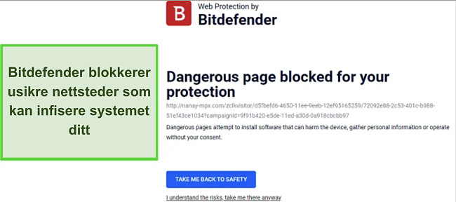 Skjermbilde av Bitdefender-anmeldelse: Webbeskyttelse som blokkerer et nettsted.