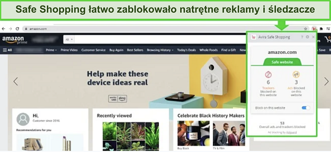 Zrzut ekranu z działania rozszerzenia Avira Safe Browsing, skutecznie blokującego reklamy na Amazonie, prezentującego jedno z najlepszych darmowych rozwiązań antywirusowych dla Windows.