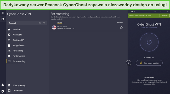 Zrzut ekranu dedykowanego serwera do streamingu CyberGhost dla Peacock US.