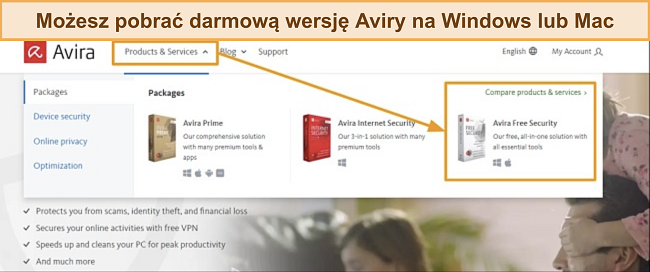 Zrzut ekranu ze strony pobierania darmowego antywirusa Avira, oferującej użytkownikom bezpieczne i niezawodne rozwiązanie antywirusowe bez kosztów.