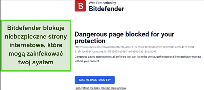 Zrzut ekranu z recenzji Bitdefender: Ochrona internetowa blokuje stronę internetową.