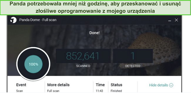 Zrzut ekranu z aktywnego skanowania i wykrywania malware przez Panda Antivirus na komputerze z systemem Windows, demonstrujący jego solidne możliwości ochrony przed malware.