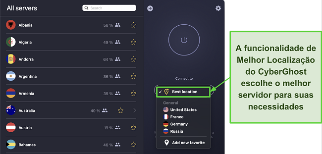 Captura de tela mostrando a funcionalidade de melhor localização da CyberGhost no menu de seleção de país