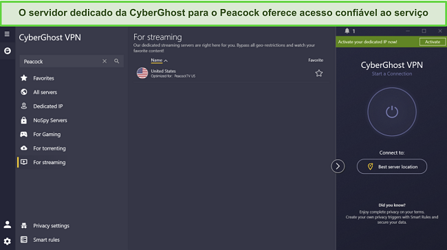 Captura de tela do servidor de streaming dedicado da CyberGhost para o Peacock US