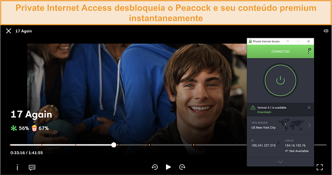 Captura de tela de servidor de streaming dedicado da PIA para o Peacock US
