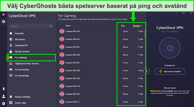 Skärmdump som visar CyberGhosts användargränssnitt och visar dess speloptimerade servrar i London