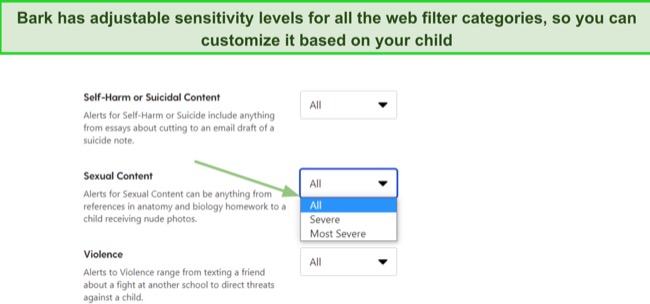 Choose the type of content you want Bark to block on your child’s Android device