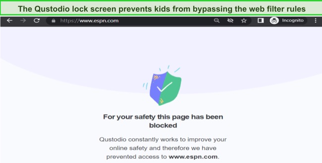 Qustodio let’s your kids know why the website or app is being blocked