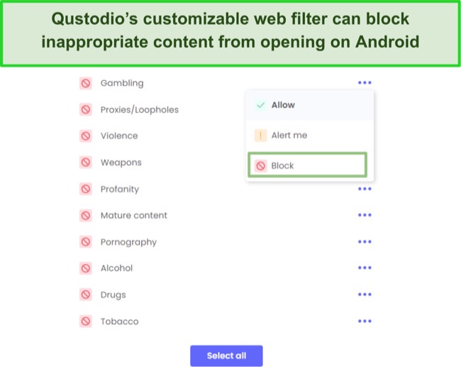 Select how you want the Qustodio filter to act for each category