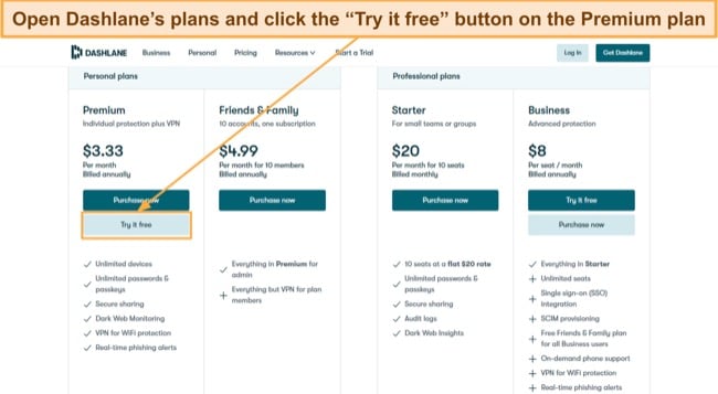 Screenshot of Dashlane's various price plans