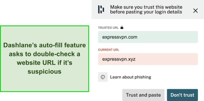 Screenshot of Dashlane asking to double-check a website before auto-filling