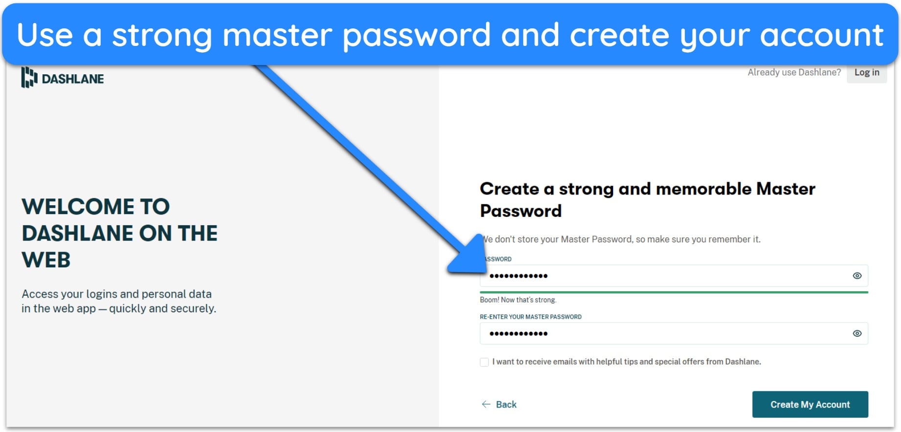 Screenshot of Dashlane welcome dashboard and setting up a master password
