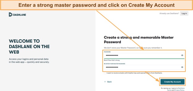 Screenshot showing how to set a master password for your Dashlane vault