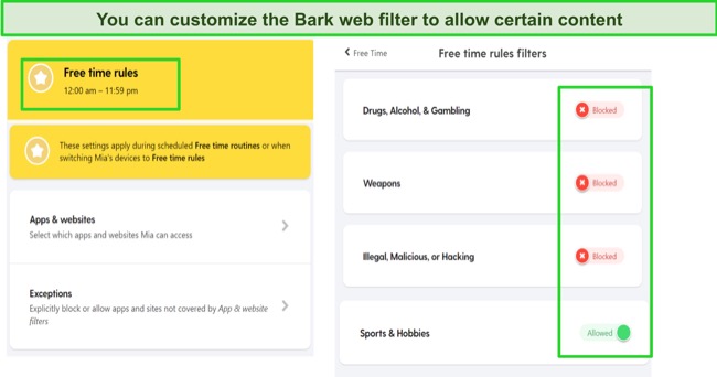 You can choose what website categories are available during your kid’s free time