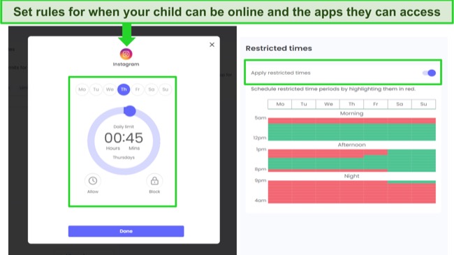 Qustodio set rules for online time and apps access