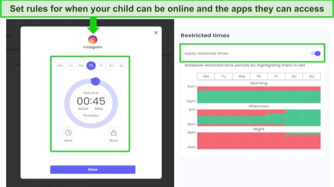 Qustodio set rules for online time and apps access